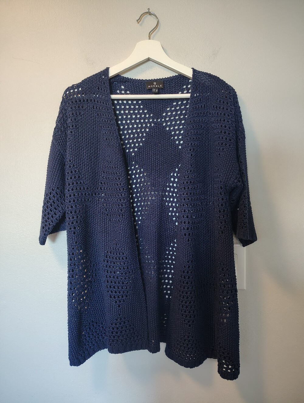 Marble Navy Open-Front Crochet Cardigan Sweater